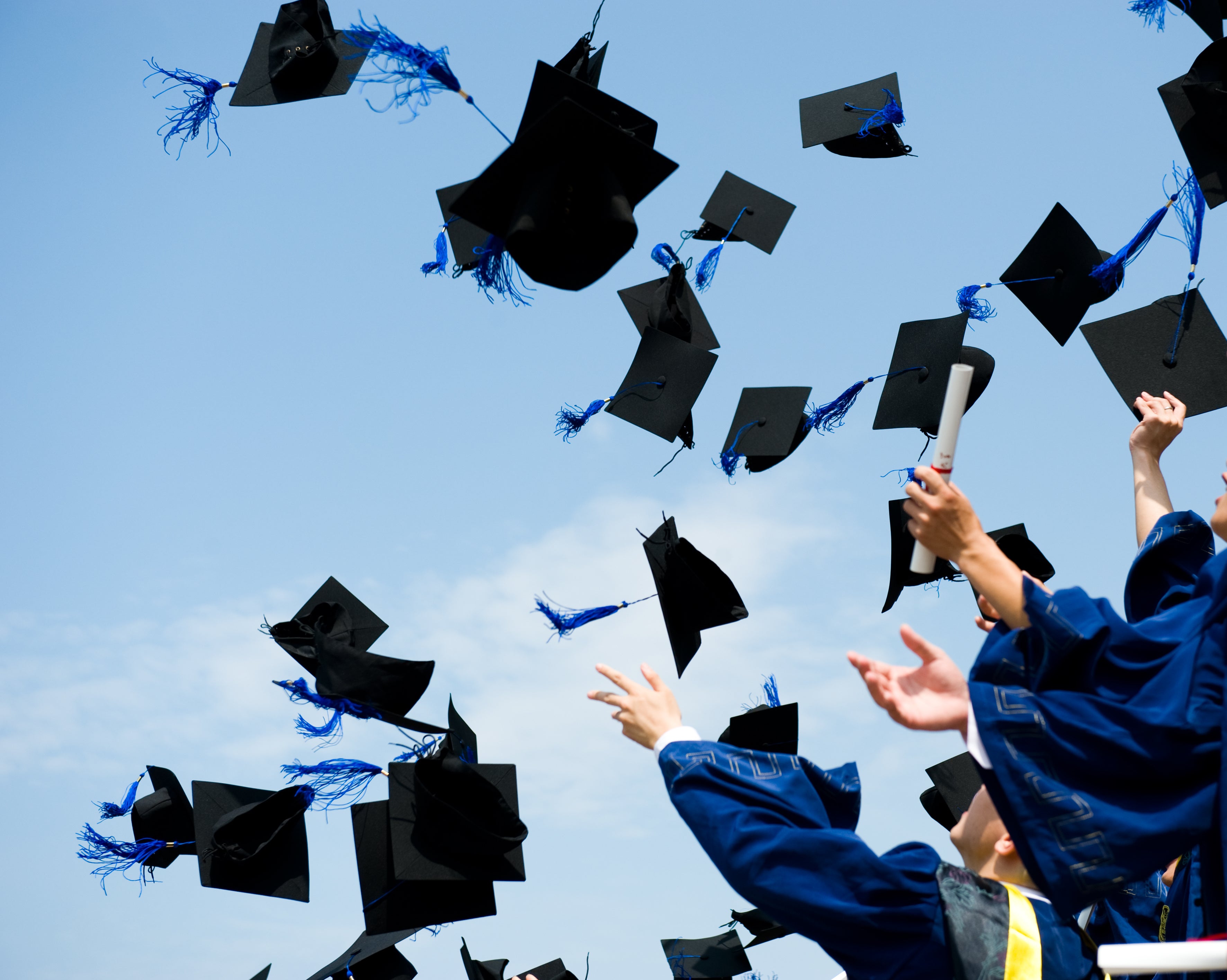Graduation caps being thrown in the air