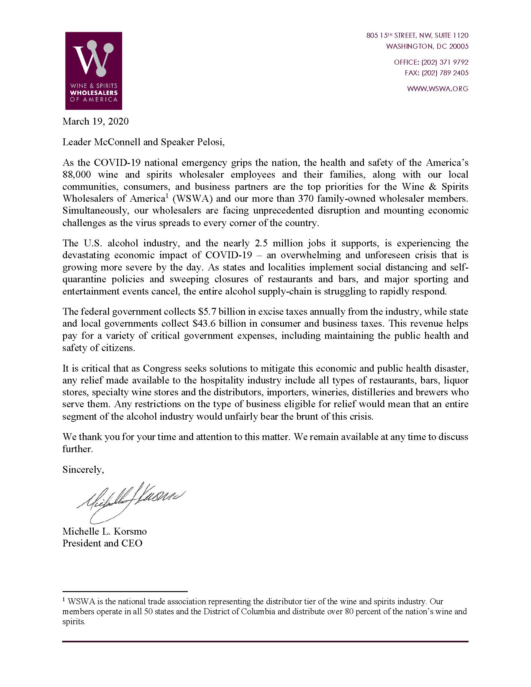 WSWA Hospitality Relief Letter