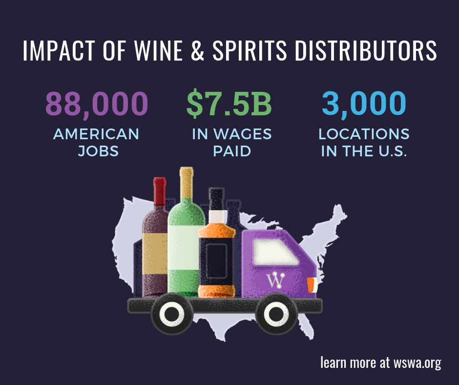 Impact of wine and spirits distributors; 88,000 jobs, 7.5 billion in wages, 3,000 locations